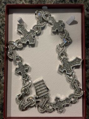 Baguette Cut Cross Infinity Link Chain Plated White Gold 20 Inch